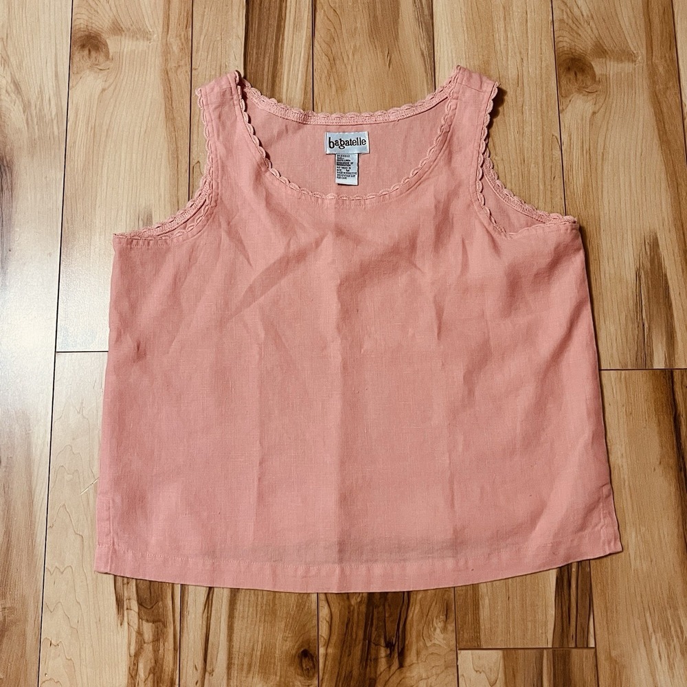 Bagatelle Linen Sleeveless Tank Shell Peach Top Sz M Scalloped Edge Pullover